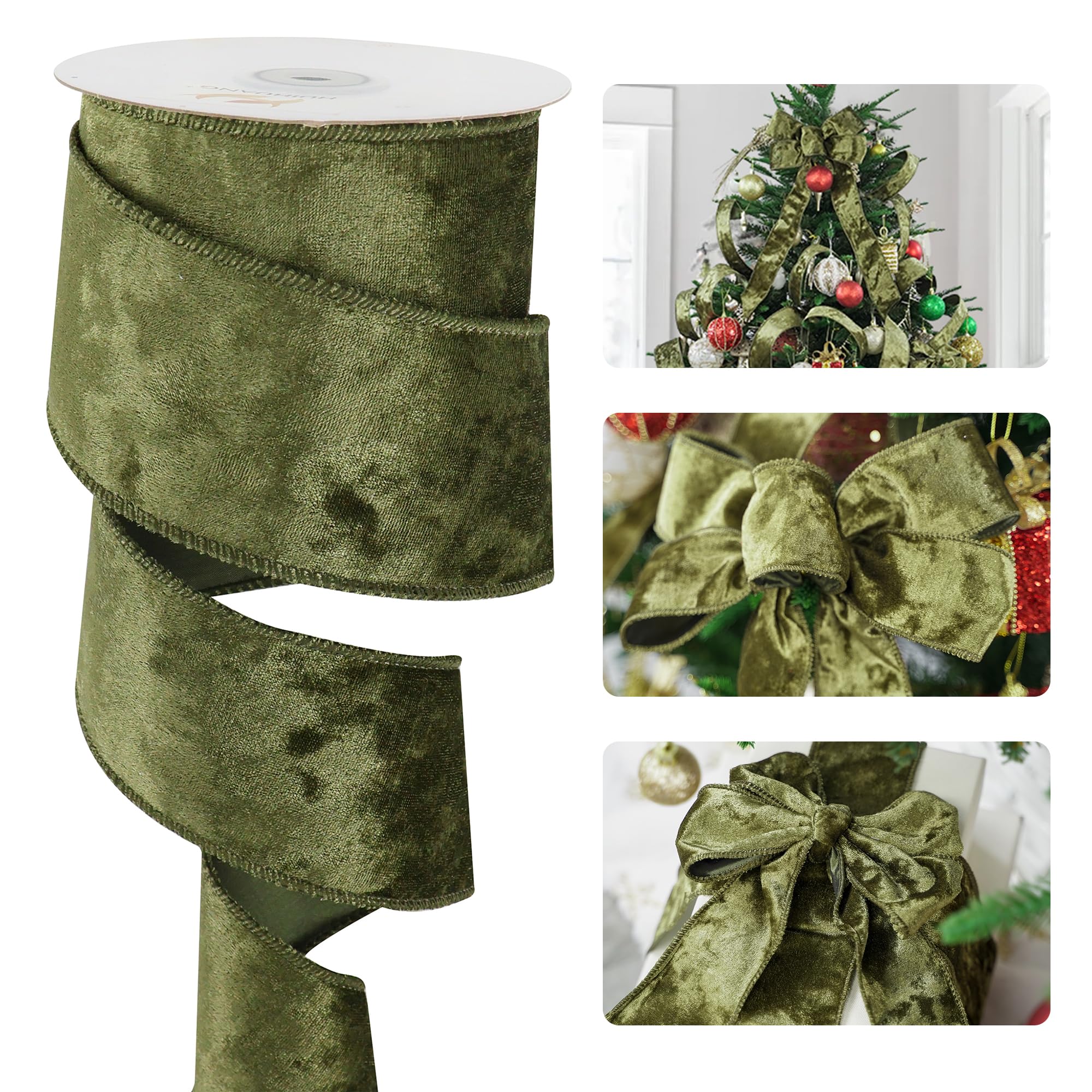 Photo 1 of HUIHUANG Olive Green Wired Velvet Ribbon 2-1/2 inch, Green Velvet Wire Ribbon for Christmas Tree, Large Bows, Wreaths, Gift Wrapping, Garland, Home Decor, Crafts-Continuous 10 Yards/Roll