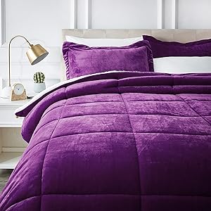 AmazonBasics Micromink Sherpa Comforter Set - Ultra-Soft, Fray-Resistant -Full/Queen, Plum