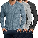 JoyMotion 3 Pack Men's Ribbed V Neck Long Sleeve Shirts, Slim Fit Thermal Sweaters Tops Muscle Athletic Casual Gym Basic Tees