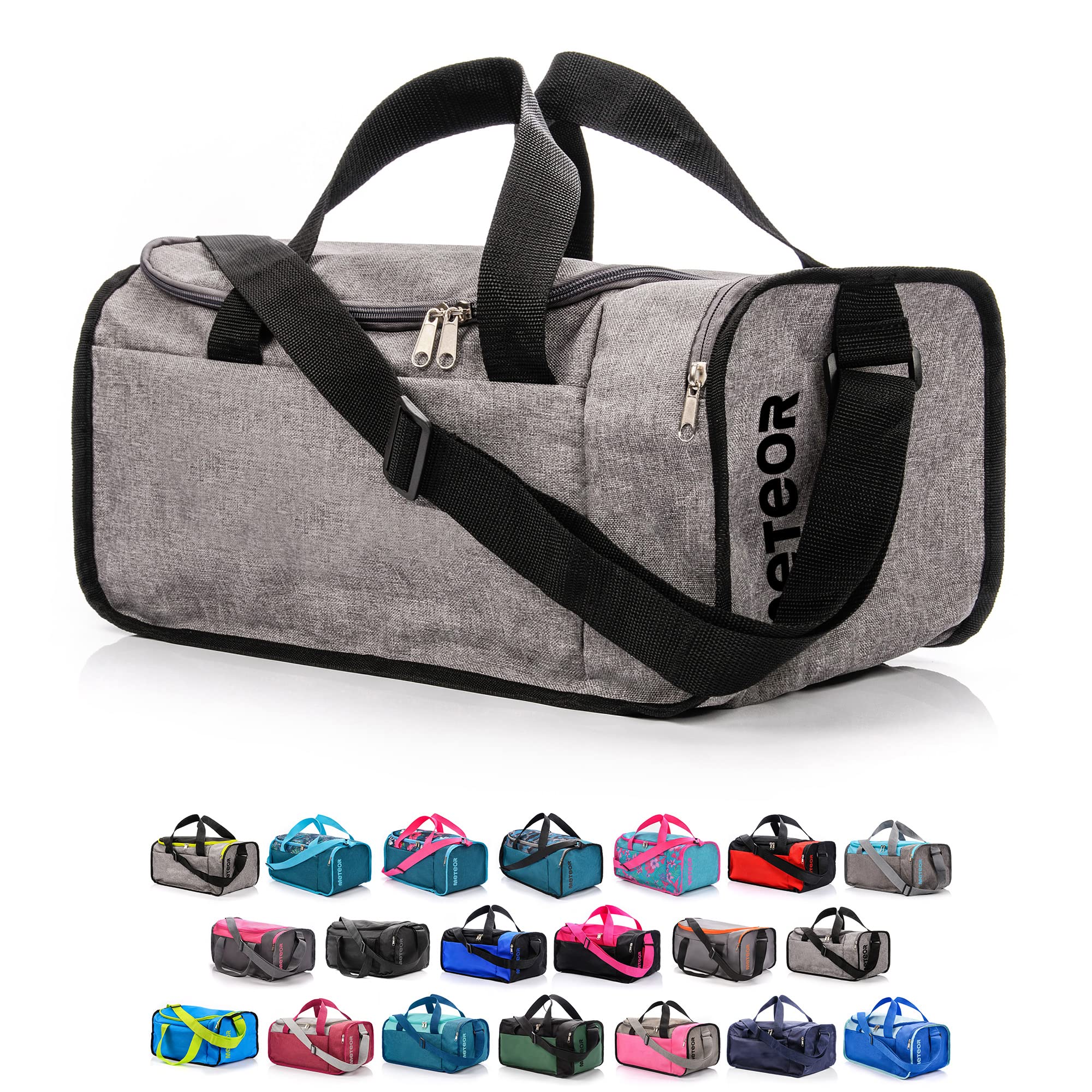 meteor Gym Bag Womens & Mens 20l - Lightweight Sports Holdall with Shoe Compartment & Shoulder Strap - Unisex Travel Duffel - Underseat Cabin Luggage for Weekend or Overnight Trip, Grey Melange/Black