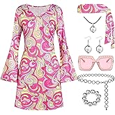 Deerjoke 70s Disco Outfit Women, 7 PCS 70's Disco Dress Costume Hippie Clothes Accessories Jewelry Halloween