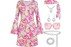 Deerjoke 70s Disco Outfit Women, 7 PCS 70's Disco Dress Costume Hippie Clothes Accessories Jewelry Halloween