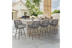 Cozyman Outdoor Bar Stools Set of 4, 360° Swivel Aluminum Rattan Bar Stool with Olefin Rope Curved Backrest and Armrest, Boho BarStools with Removable Cushion for 34''- 39'' Island, Grey