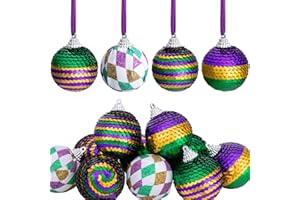 LFUTARI 12pcs Mardi Gras Ball Ornaments,1.96" Shatterproof Mardi Gras Sequin Hanging Balls Decoration for New Orleans Masquerade Party Favors