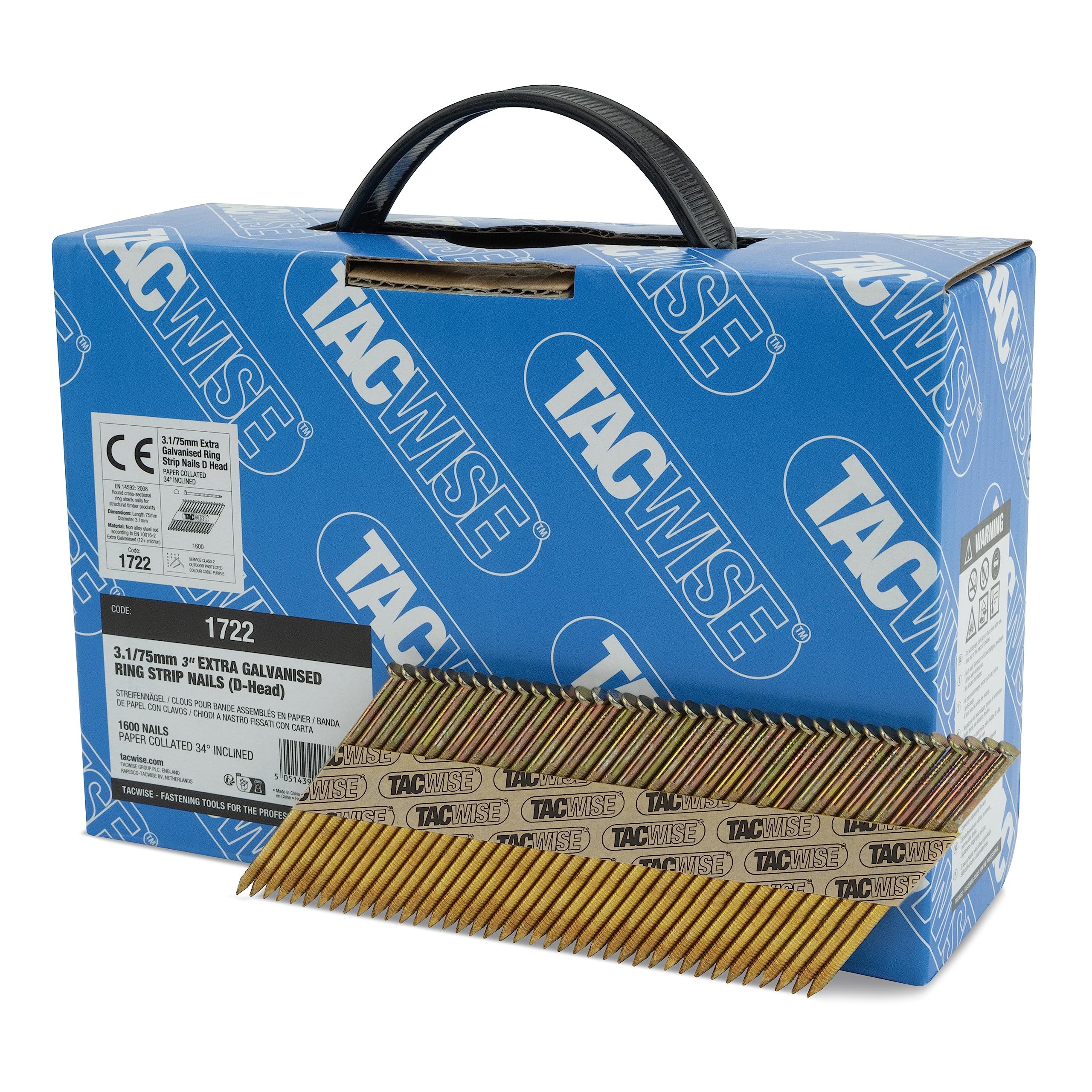 TACWISE 1722 Extra Galvanised Framing Nails 3.1/75 mm, D Head, Ring Shank, 34° Inclined, Paper Collated, Pack of 1600