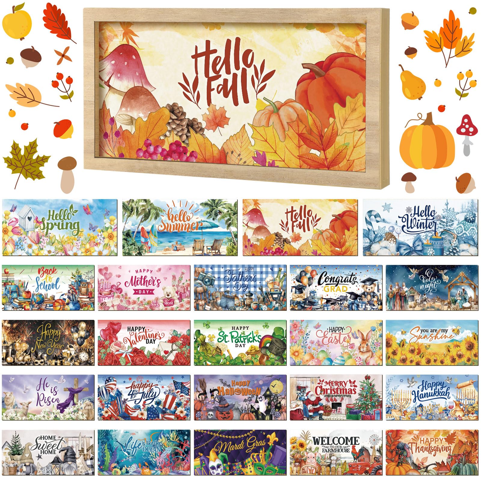 Photo 1 of RattanView 25 Pcs 9.7 x 4.8" Interchangeable Season Sign Interchangeable Welcome Sign for Table Decorative Wooden Season Sign Decor with a Wooden Frame Wreaths Holiday Decor for Fall Autumn Gifts