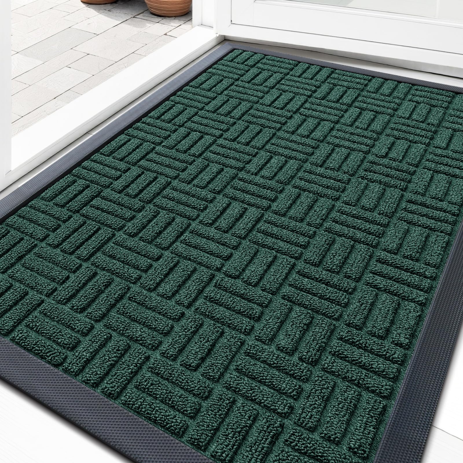 OLANLY Front Door Mat Outside Entrance 35x23, Absorbent, Heavy Duty Sturdy Natural Rubber Doormat Indoor Outdoor, Non-Slip, Stain and Fade Resistant, Low Profile Floor Mat for Entryway, Black Green Image