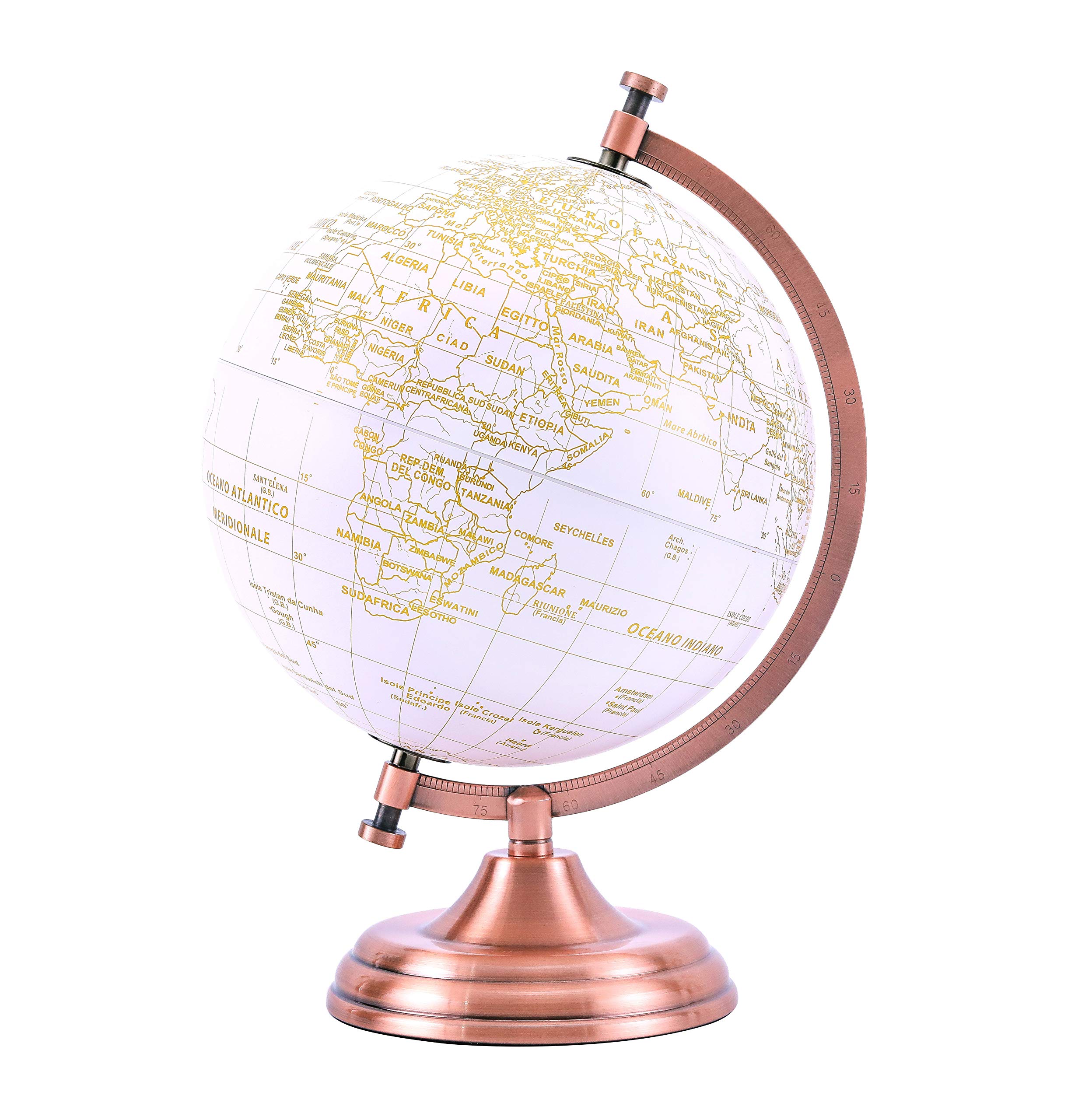 Exerz 20cm Globe Golden Colour Metallic - Educational, Geographic, Modern Desktop Decoration - Metal Arc and Base, Coated in Golden colour - for School, Home, Office, and Café. (Italian Map)