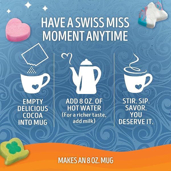 SWISS MISS CHOCOLATE FLAVORED HOT COCOA MIX WITH LUCKY CHARMS MARSHMALLOWS, HOT COCOA BAR SUPPLIES, 1.38 OZ., 6-COUNT