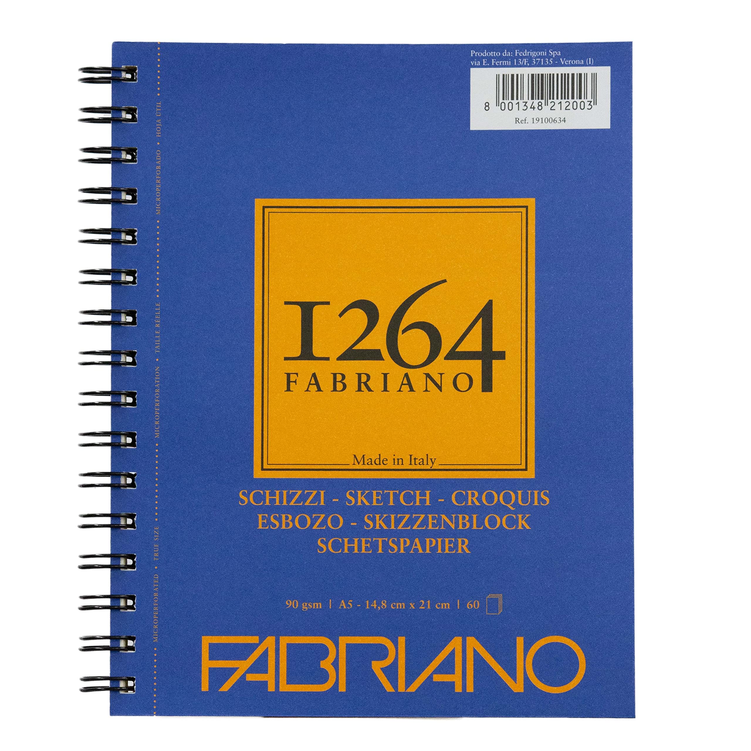 Honsell Fabriano Schizzi 19100634 Sketch Pad 1264 with Longitudinal Spiral, 90 g/m², DIN A5, 60 Sheets Ivory White, Acid Lightly Grained for All Drying Techniques