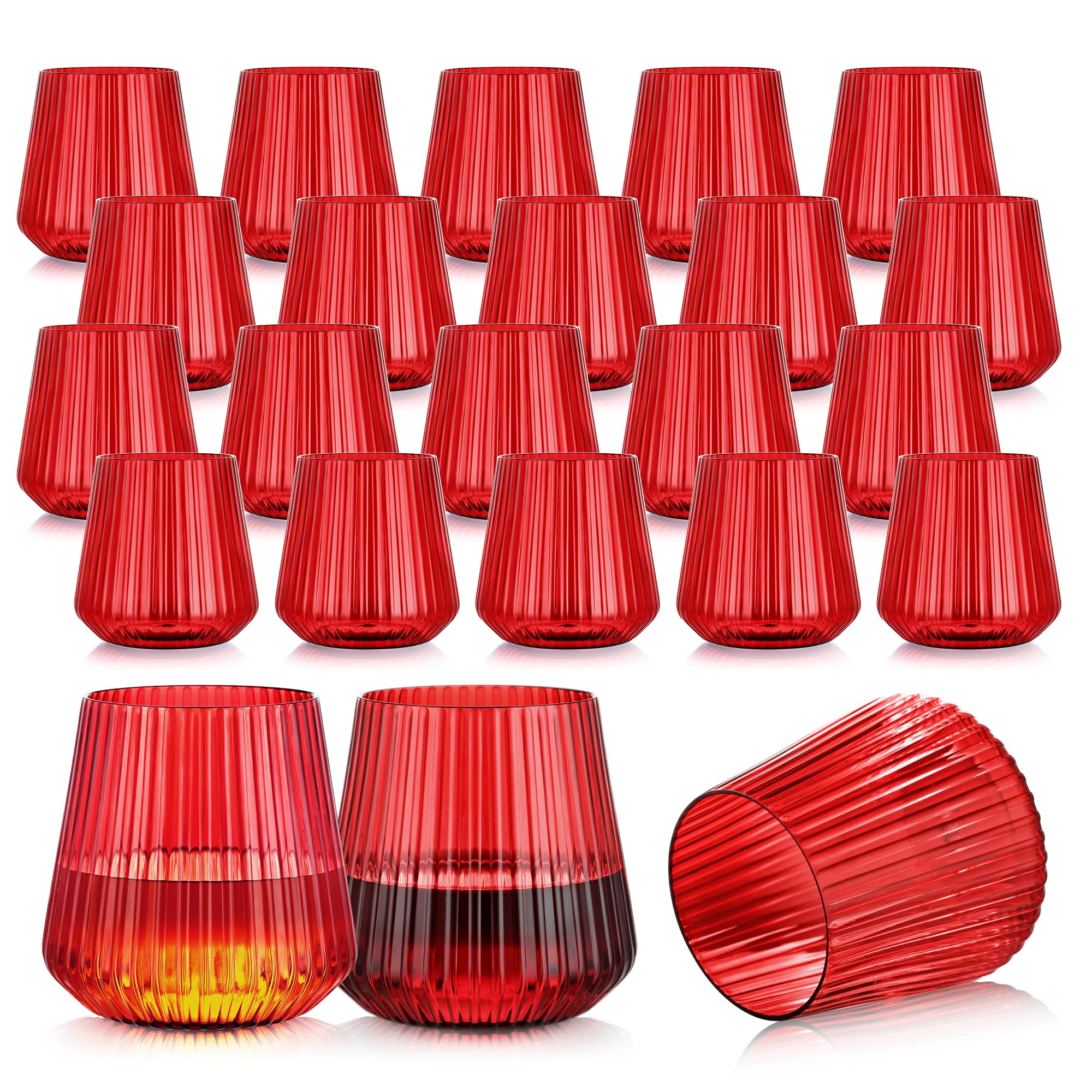 Photo 1 of 24 Pack Red Plastic Wine Cups for Party, 14oz Disposable Stemless Ribbed Wine Glasses for Christmas, Unbreakable Outdoor Cocktail Glasses, Heavy Duty Reusable Plastic Drinking Cup for Mimosa Bar