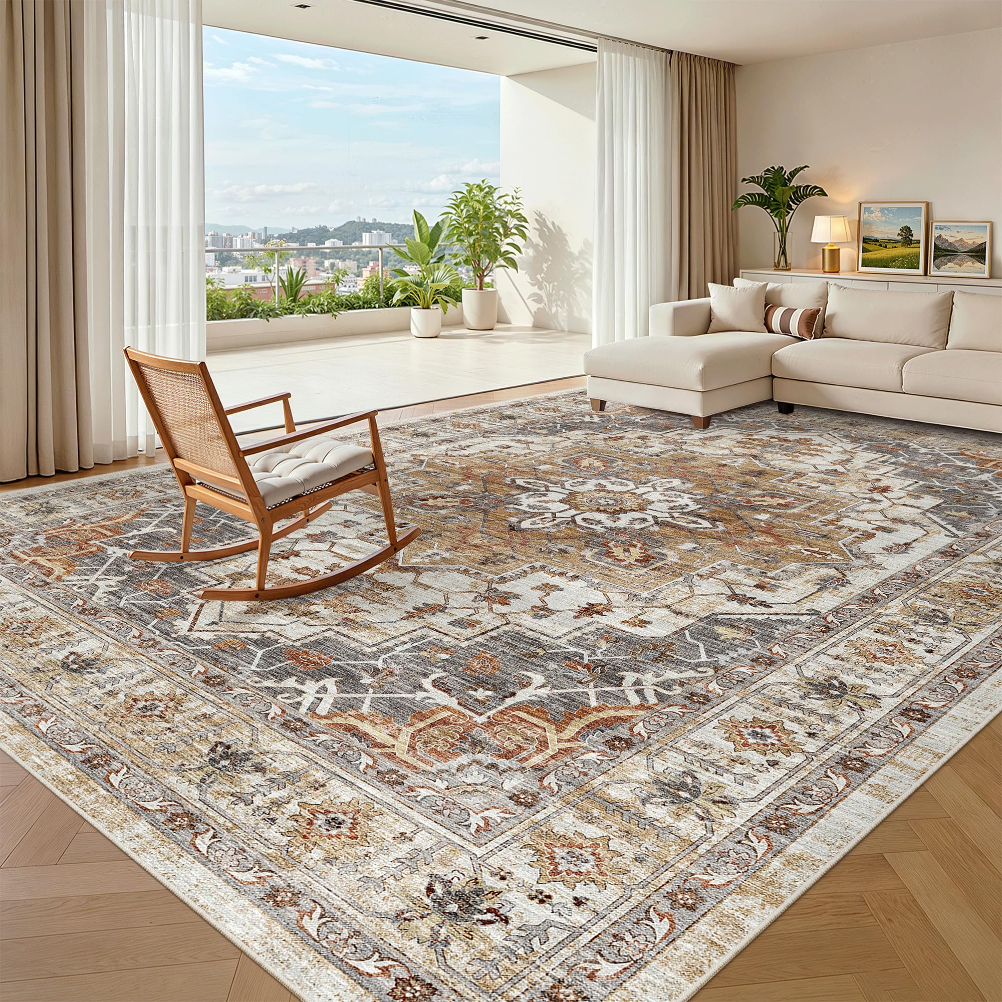 Madane Washable Rug 8x10 Area Rugs for Living Room, Ultra-Thin Non-Slip Backing Rug, Stain Resistant Vintage Large Area Rug for Bedroom (Turmeric/Grey, 8'x10') Image