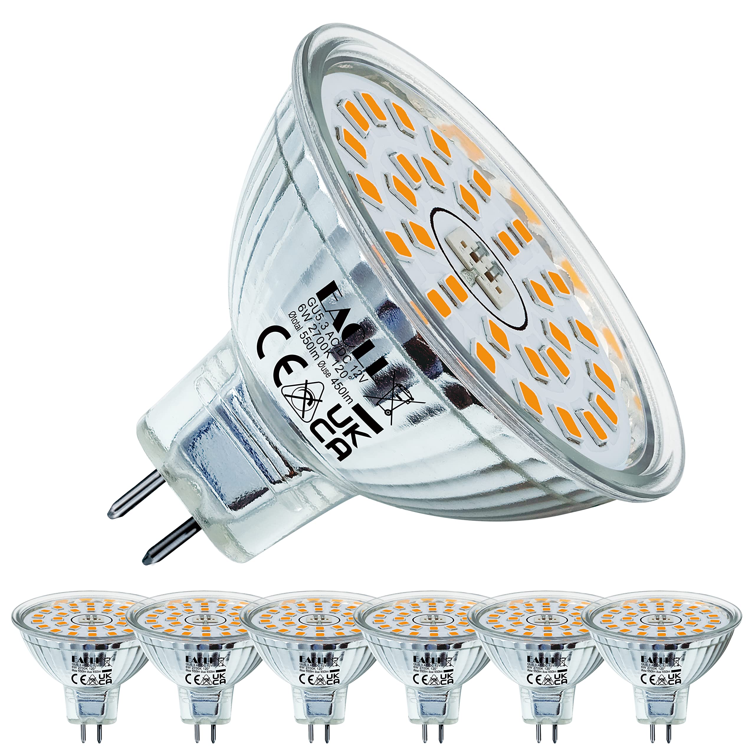EACLL GU5.3 LED 6W Warm White Light Bulb 550 Lumen Bulbs Replace 50W 2700K MR16 Halogen, AC/DC 12V, Non-Dimmable, 120°Wide Beam Angle, Flicker-Free Reflector Spotlight, Pack of 6