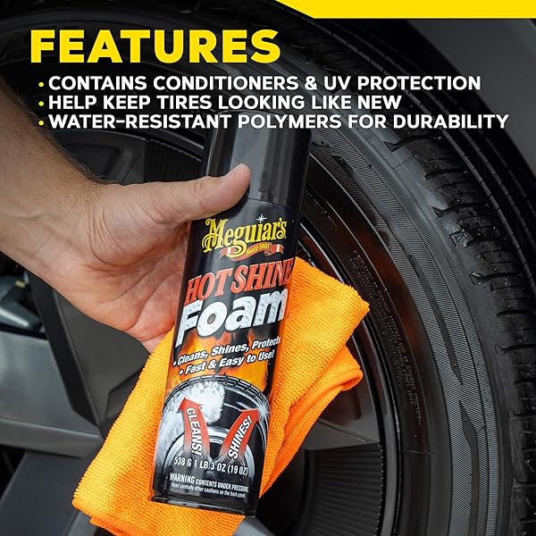 MEGUIAR’S HOT SHINE TIRE FOAM, HIGH GLOSS TIRE SHINE THAT CLEANS, SHINES, AND PROTECTS IN ONE STEP, DEEP, BLACK SHINE WITH CONDITIONERS AND UV PROTECTION, BEST GIFTS FOR CAR LOVERS, 19 OZ AEROSOL