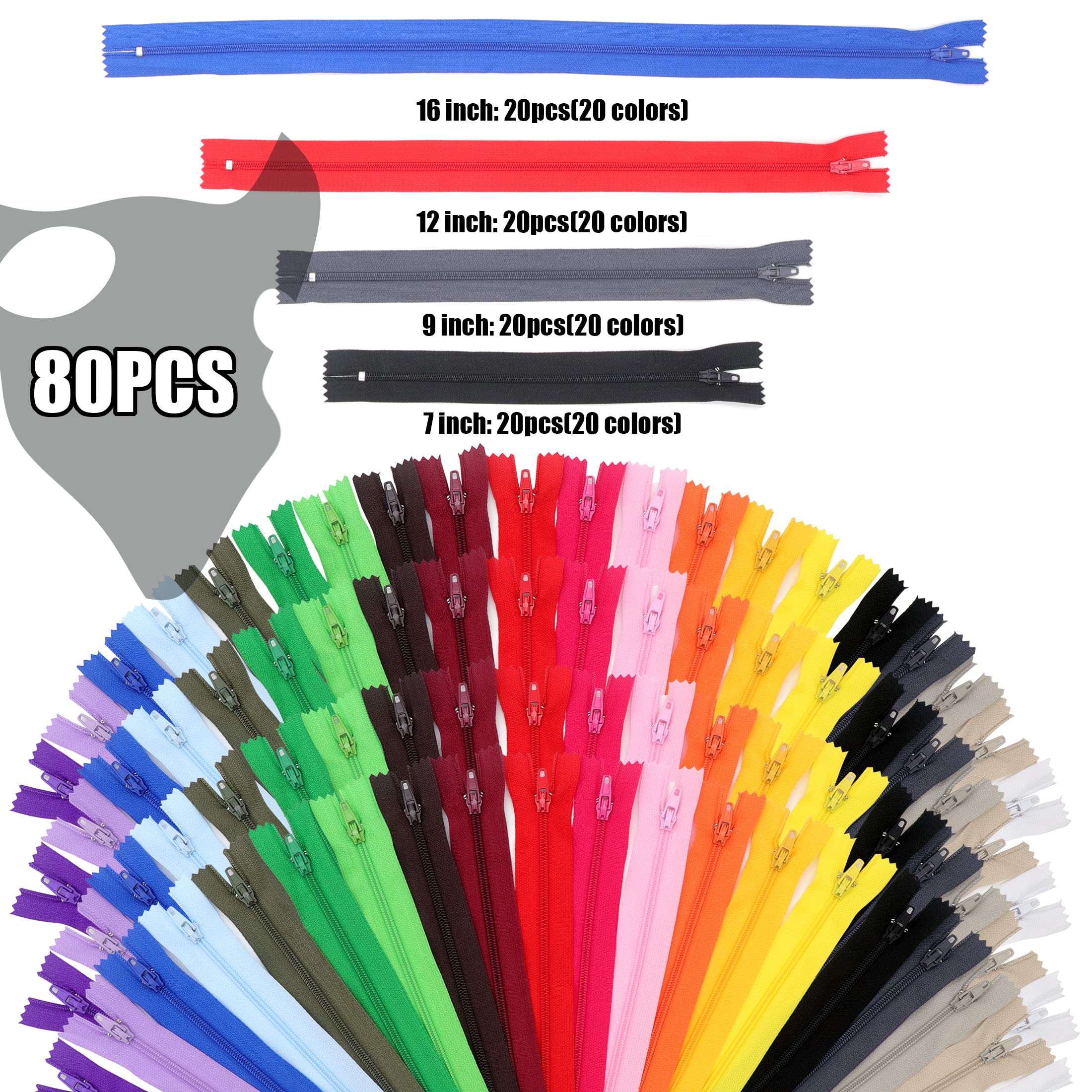 YAKA 80pcs 7 Inches 9 Inches 12 Inches 16 Inches Mixed Nylon Coil Zippers Colorful Sewing Zippers for Tailor Sewing Crafts, 20 Colors