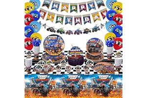 MIUCAT Monster Truck Birthday Decorations Supplies Serves 24 Guests, Machines Jam Birthday Party Tableware with Banners, Tablecloth, Plates, Cups, Napkins, Forks for Boys