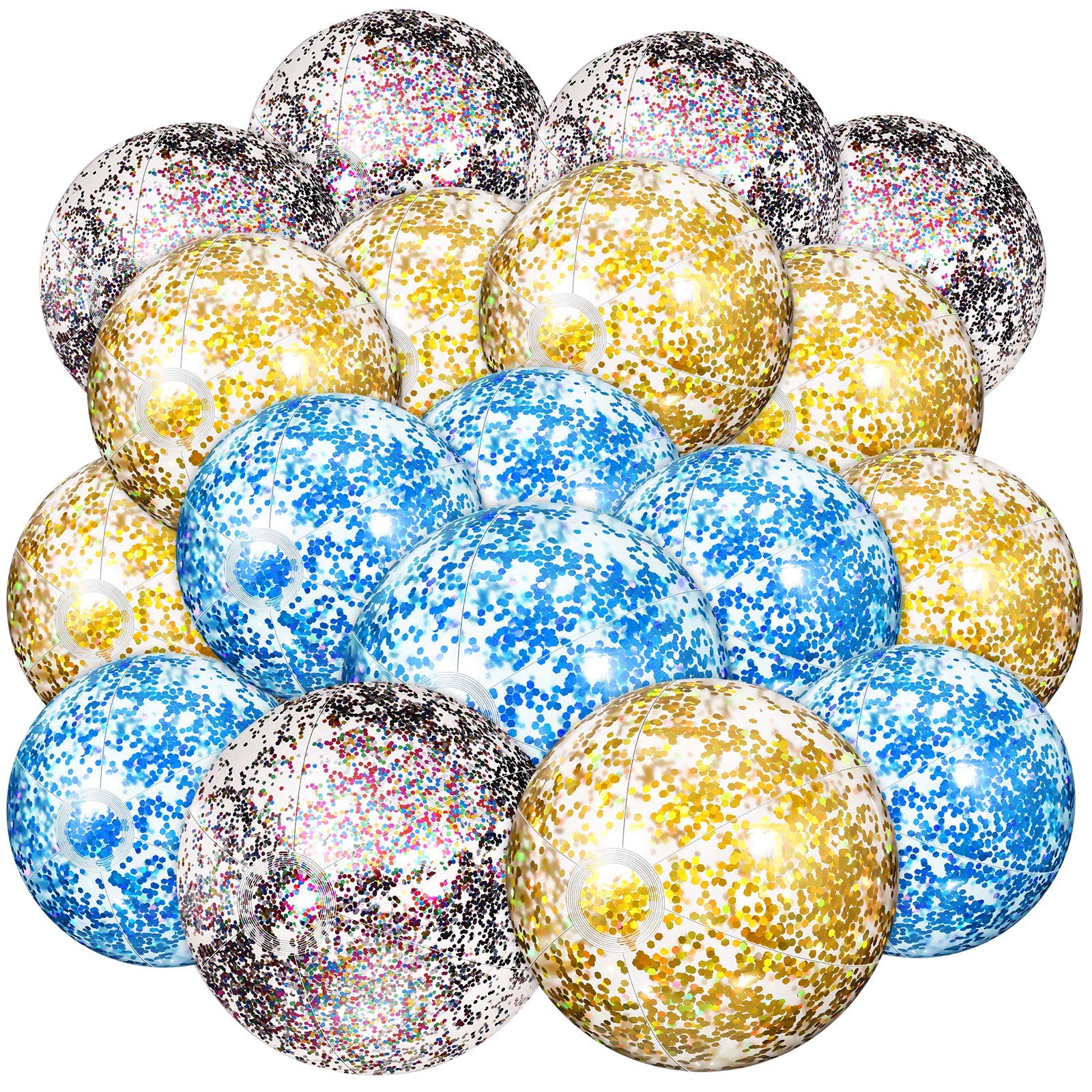 Photo 1 of Chivao 18 Pcs Sequins Beach Ball 24 Inch 16 Inch Clear Inflatable Glitter Summer Swimming Pool Balls Wedding Outdoor Floatable Decor Confetti Decor for Beach Party(Multi Color, Blue, Gold, Rose Gold)