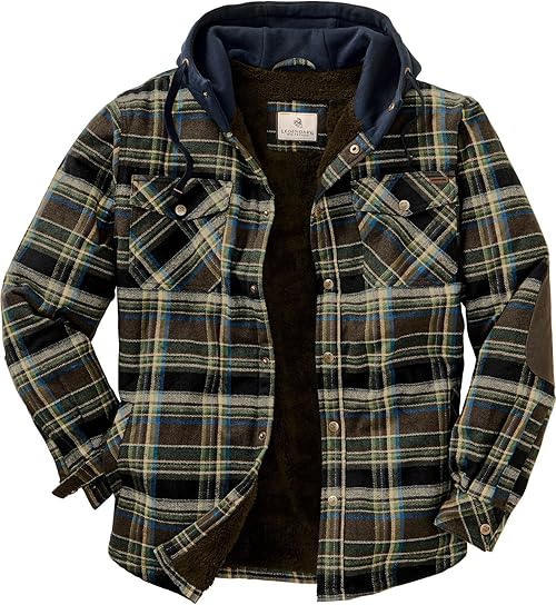 Legendary Whitetails Mens Hooded Shirt Jacket Plaid Flannel Berber Lined Polyfill Insulated, Union Plaid, 5XL