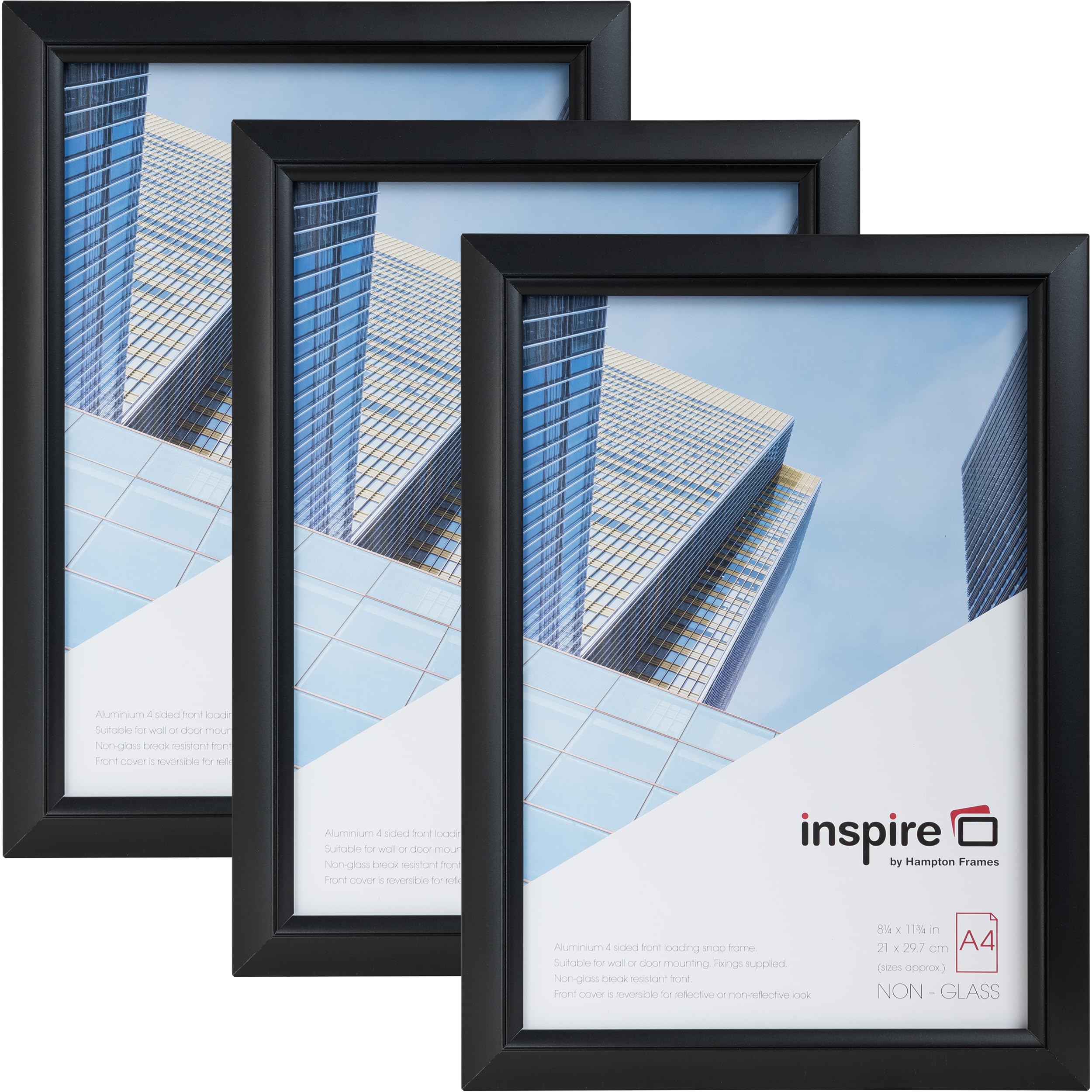 inspire by Hampton Frames | Snap Frame Set | A4 (21x30cm), Black, Pack of 3, Rectangular | Acrylic Front, Easy-Open, Wall Mountable | Display Posters, Certificates, Photos