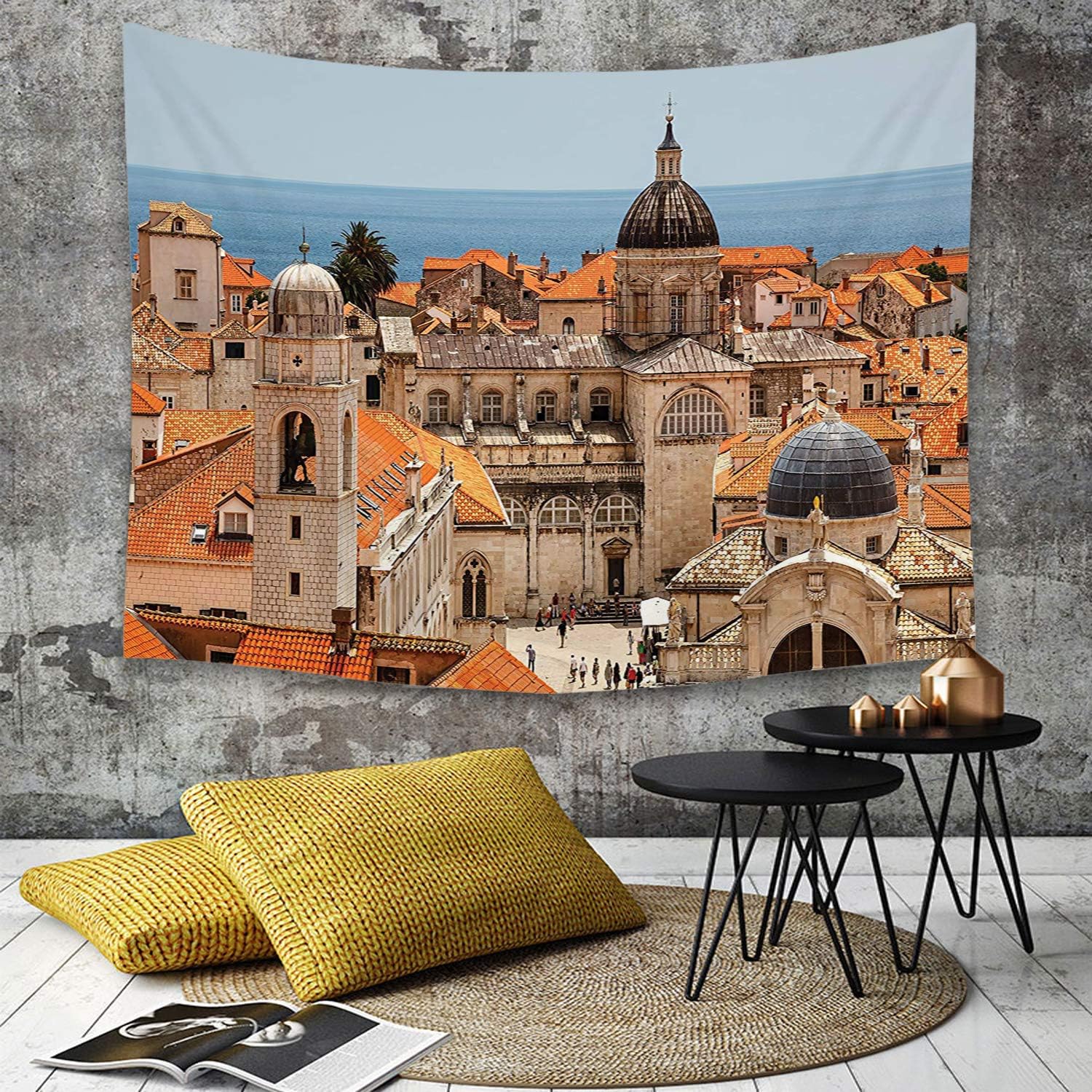 Yilan Tapestry Wall Hanging,European Cityscape,Aerial View On The Old City Dubrovnik City Walls Medieval CroTapestries Cotton Bedspread Picnic Bedsheet Blanket Wall Art Hippie Tapestry 180 x 230 cm