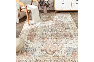 jinchan Area Rug 5x7 Washable Rug Vintage Rug Indoor Floor Cover Print Distressed Carpet Brick Red Multi Thin Rug Chenille Mat Foldable Accent Rug Lightweight Kitchen Living Room Bedroom Dining Room