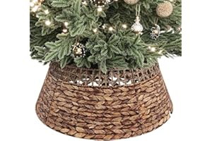 ELYKEN 28 Inch Woven Rattan Christmas Tree Collar, Stylish Seagrass & Water Hyacinth 5-Piece Xmas Tree Skirt for Artificial T