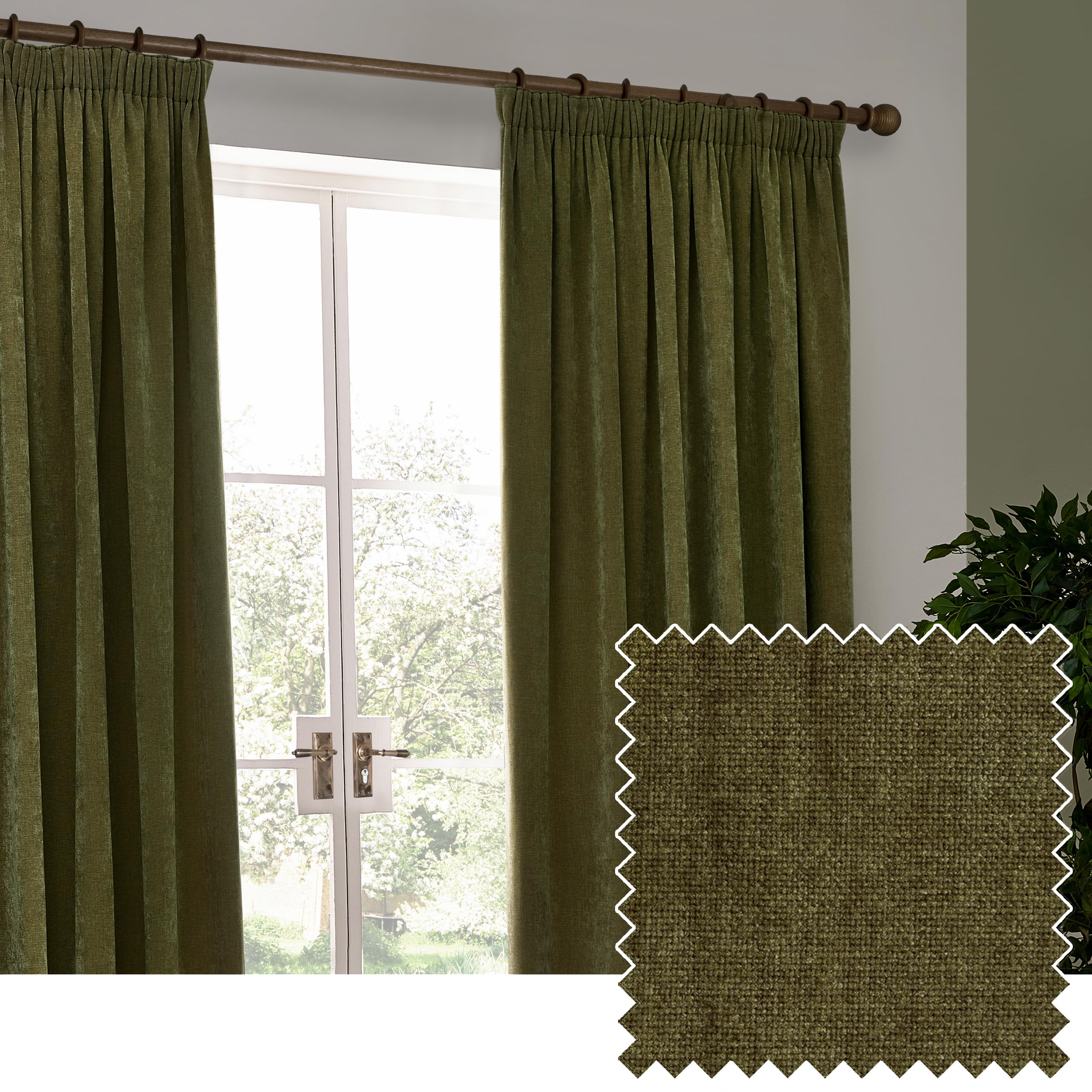Yard furn Heavy Chenille Pencil Pleat Curtain Pair – Lined Room Darkening Soft Velvet Curtains (Olive - Width 117 x Drop 137cm)