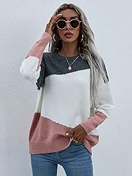 ECOWISH Women Sweater Dropped Shoulder Color Block