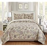 Home Collection 3pc King/California King Bedspread Quilt Set Floral Beige Pink Blue Taupe Green Flowers Leaves Over Size New