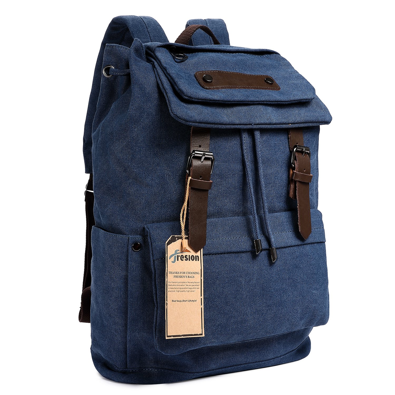 Fresion Vintage Casual Canvas Leather Shoulder Backpack Hiking Bags Travel Rucksack Handbag with 18L Large Capacity for Men and Women, Blue