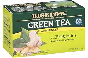 Bigelow Tea Green Tea with Ginger Plus Probiotics, Caffeinated, 18 Count, (Pack of 1), 18 Total Tea Bags