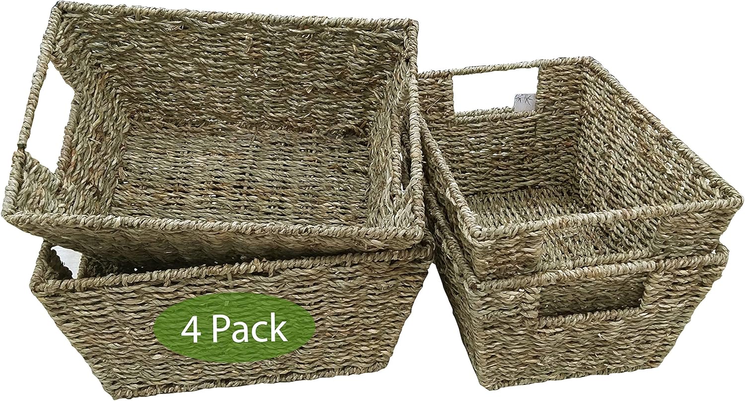 Set of 4 Pack Wicker Trapezoid Storage Baskets for Home Organization and Decor | Closet Wicker Baskets for Shelves with Insert Handles | Straw Wire Woven Stackable Nesting Organisation Baskets