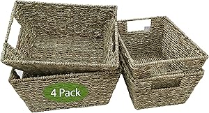 Set of 4 Pack Wicker Trapezoid Storage Baskets for Home Organization and Decor | Closet Wicker Baskets for Shelves with Insert Handles | Straw Wire Woven Stackable Nesting Organisation Baskets