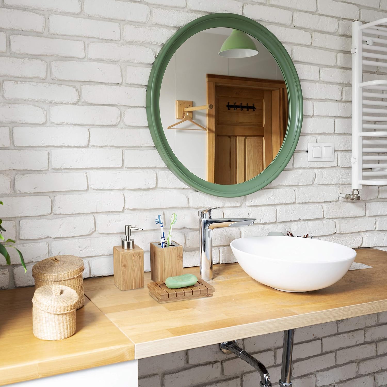 Relaxdays Bamboo Bathroom Accessories Set of 3, Soap Dispenser, Soap Dish and Toothbrush Holder, Natural, 10 x 15 x 17.5 cm - Image 3