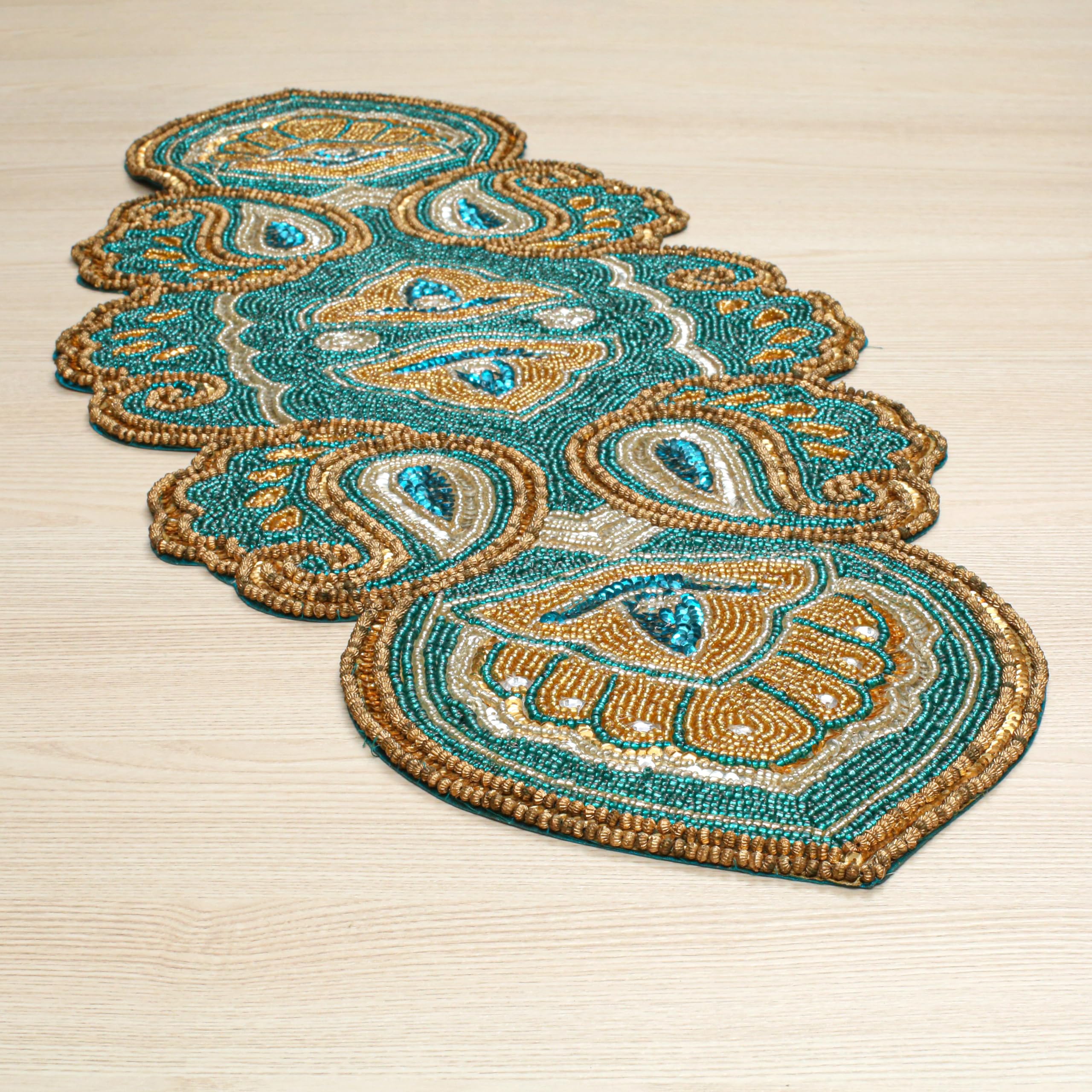 Light & Pro Teal Gold Paisley Beaded Table Runner - 13x36 Inch (31x91 Cms) - Country Rustic Style - Hand Made by Skilled Artisans