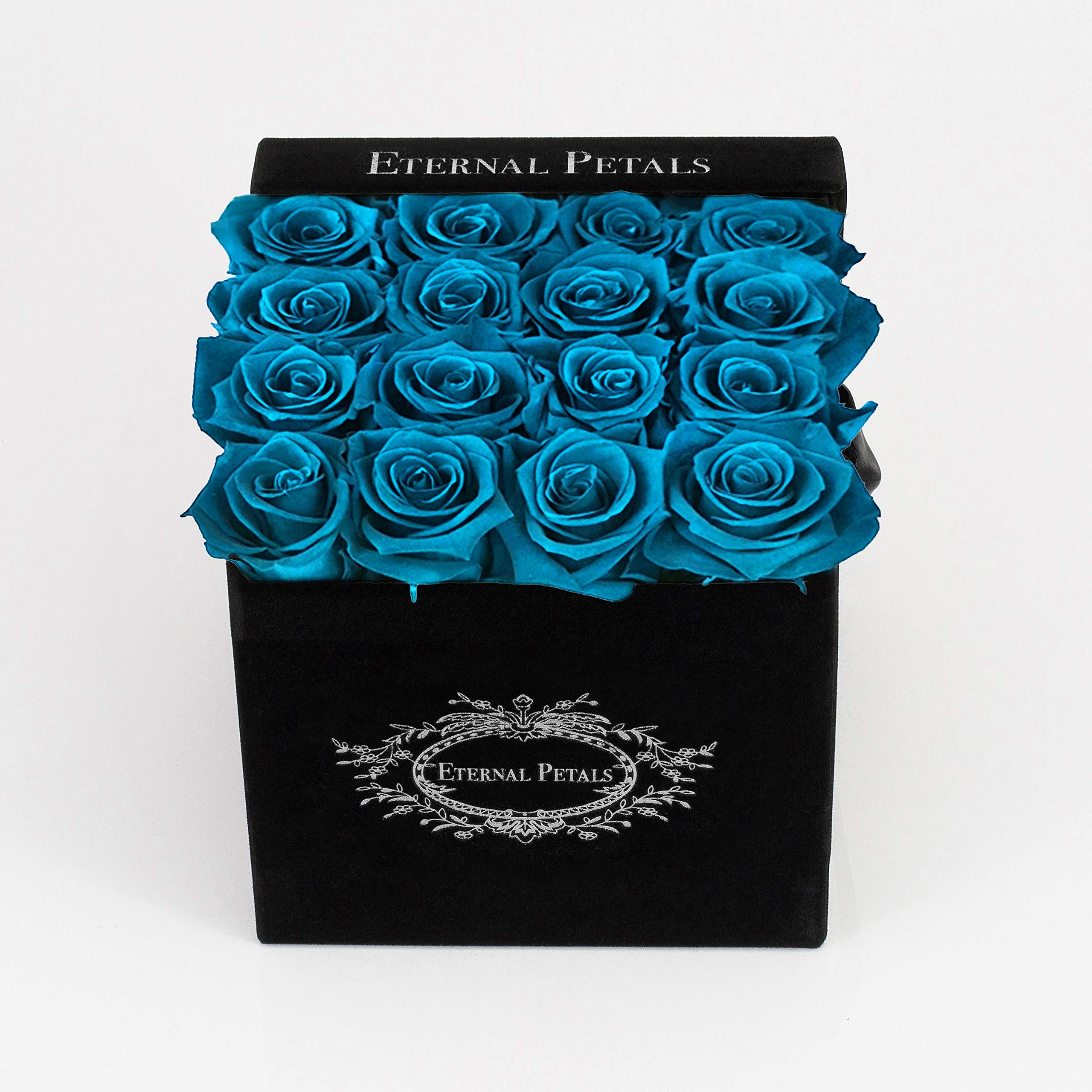 Real Roses That Last Years - Eternal Petals, Handmade in UK – 16 Roses, Square Black Flower Box (Blue Lagoon)