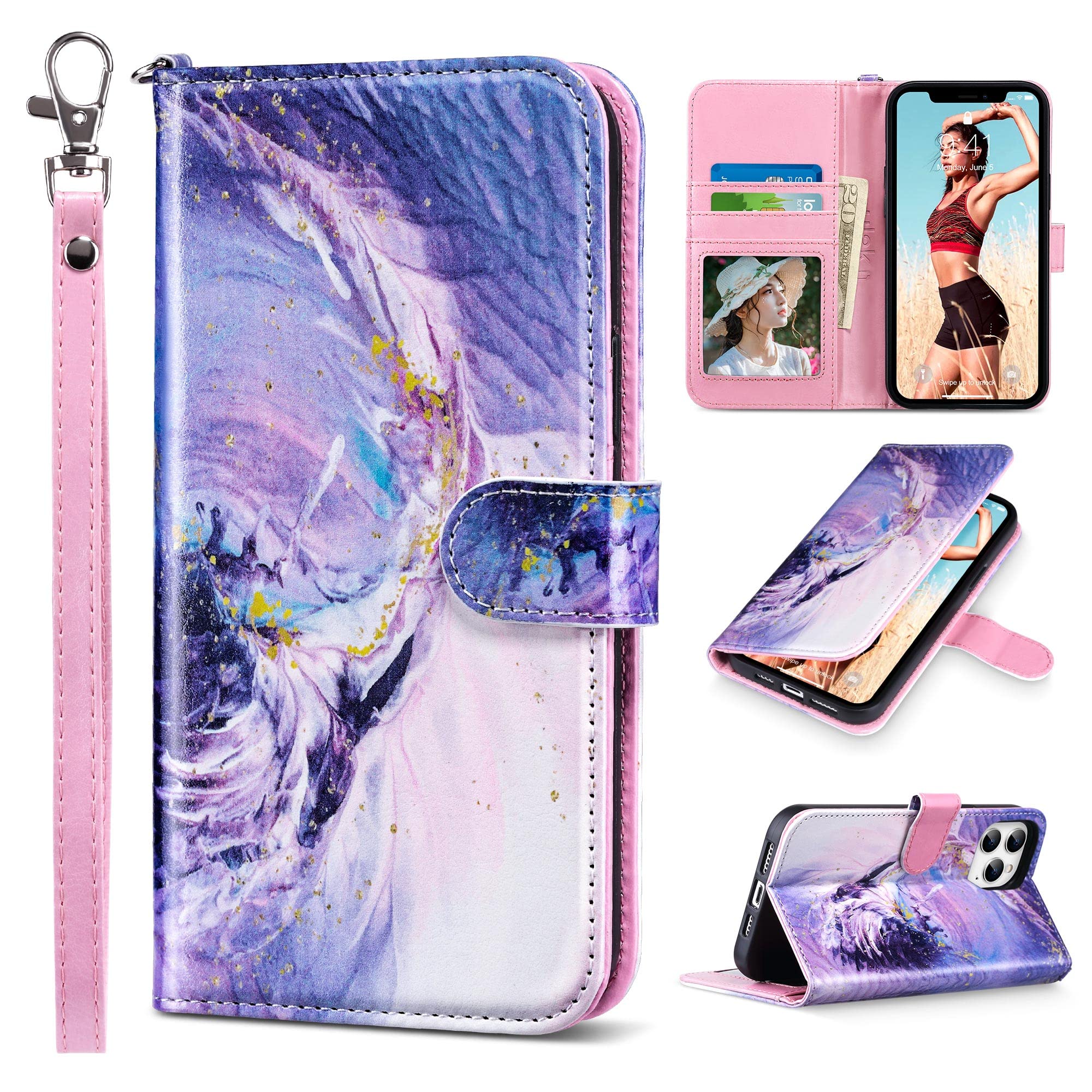 Photo 1 of ULAK Compatible with iPhone 12 Pro Max Wallet Case with Card Holder, PU Leather Case with Kickstand Card Slots Wrist Strap, Durable Shockproof Protective Cover 6.7 Inch, Purple