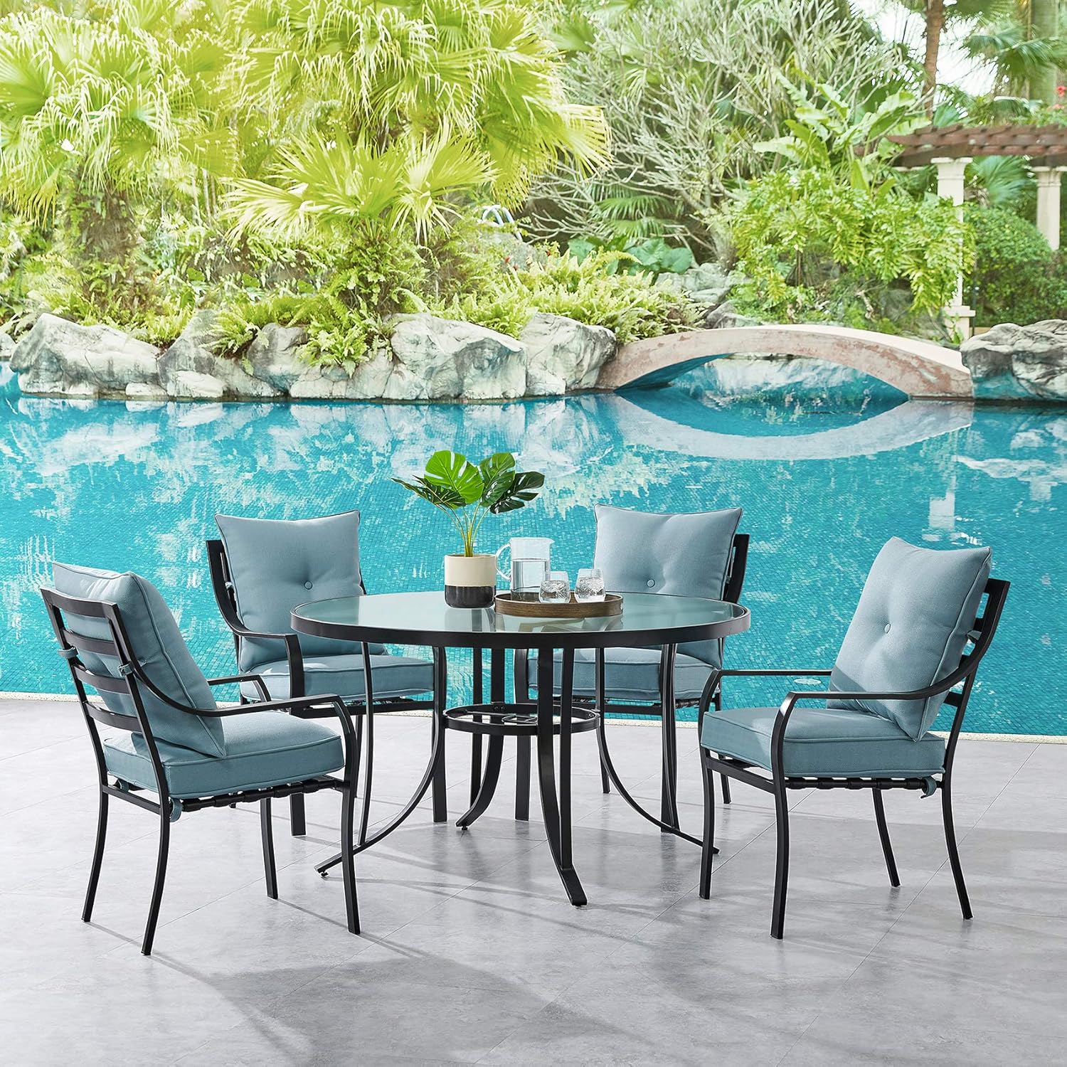 Hanover LAVDN5PCRD-BLU Lavallette 5-Piece Ocean Blue with 4 Stationary Chairs and a 52-in. Round Glass-Top Table Outdoor Dining Set