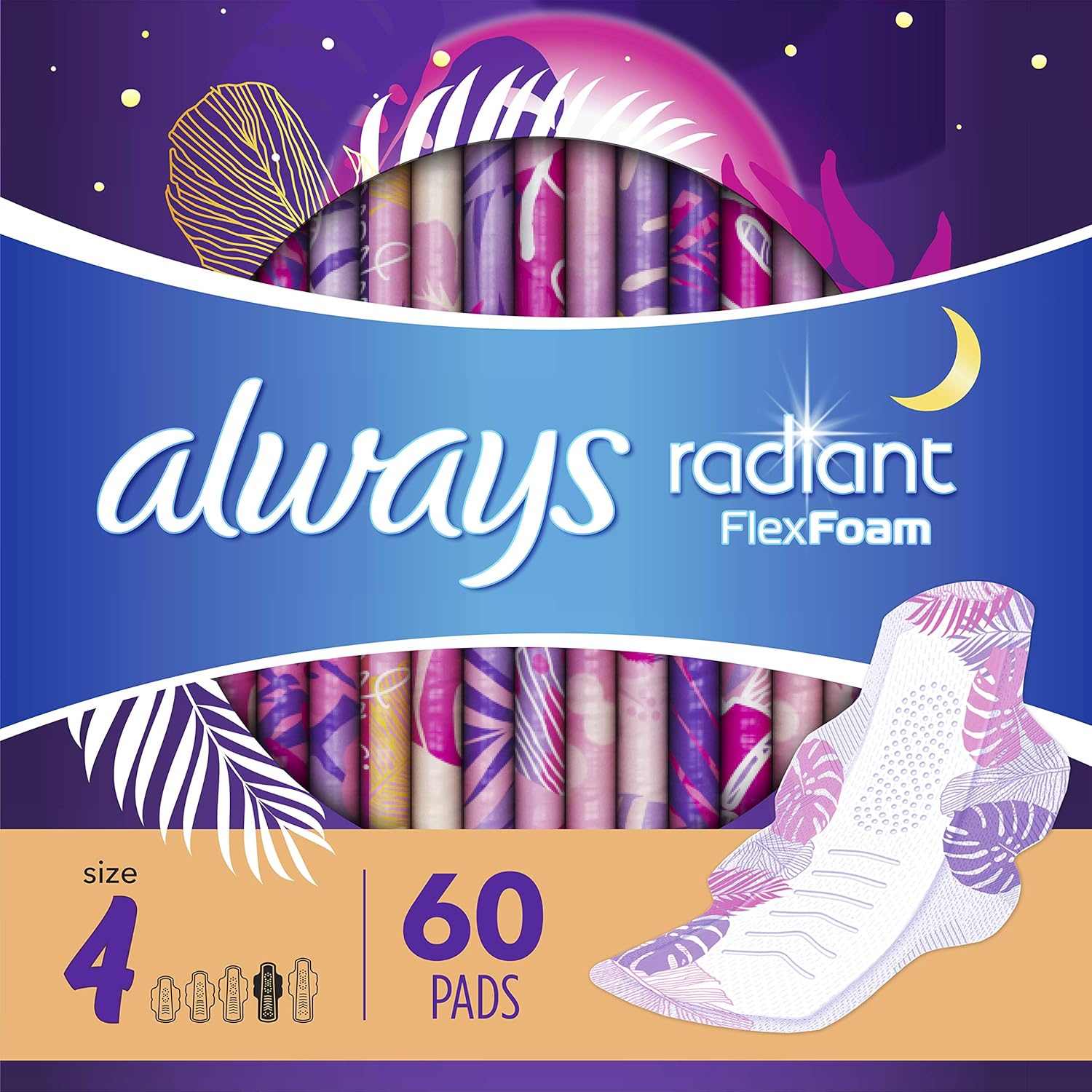 Always Radiant Feminine Pads for Women, Size 4, 60 Count, Overnight Absorbency, With Wings, Scented (20 Count, Pack of 3 - 60 Count Total): Health & Personal Care