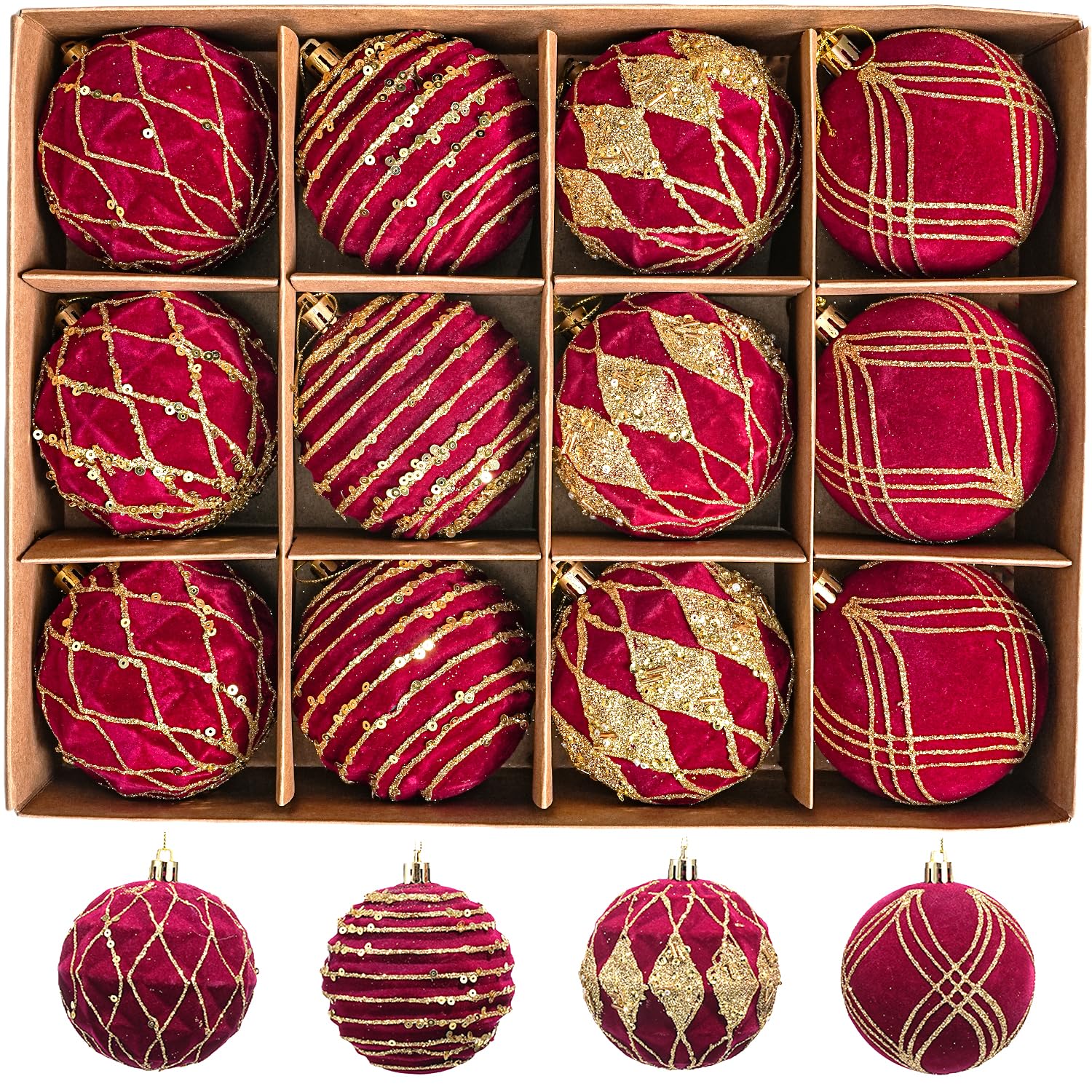 Photo 1 of 12pcs Velvet Ornaments for Christmas Tree, 3.15'' Large Flocked Xmas Tree Ornaments Set, Bulk Christmas Ornament Pre-Strung, Hanging Paintied Balls for Christmas Tree Decorations, Burgundy