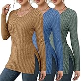Velvelhall 3 Pack Women's Sweaters V Neck Slim Fit Long Sleeve Sweater Lightweight Knitted Ribbed Tunic Tops with Side Split