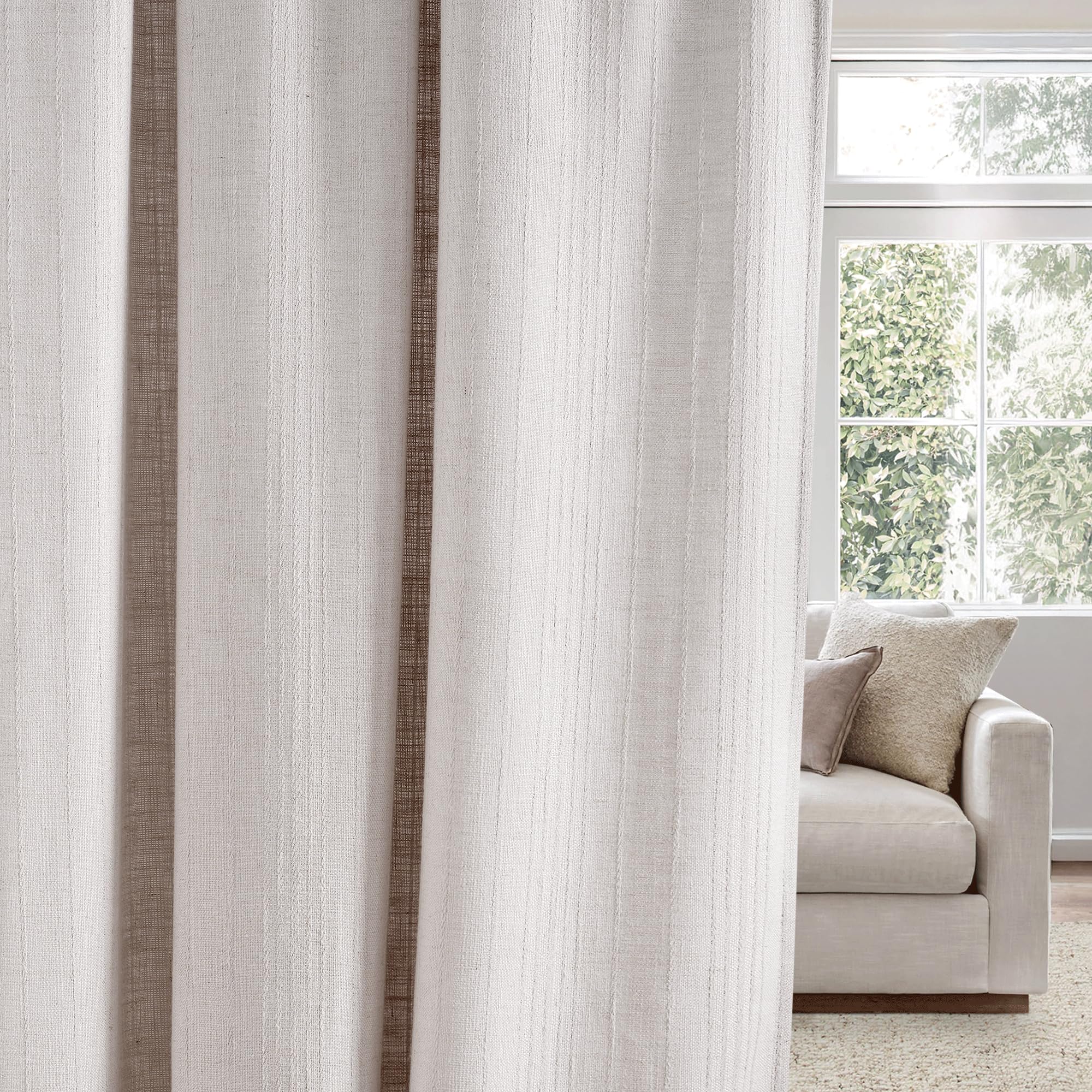 NICETOWN Boho Linen Curtains Jacquard Waffle Weave Pattern, Window Treatments Privacy with Light Filtering Drapes for Living Room, Angora, W52 x L96, 2 Panels Image