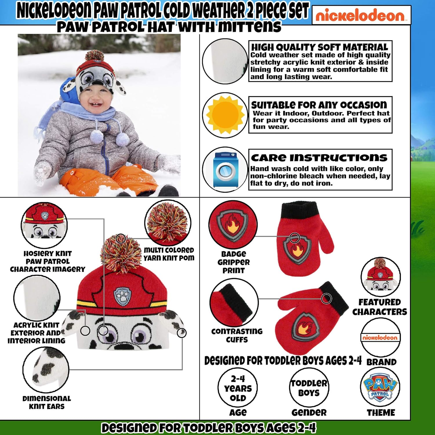 Nickelodeon Boys Winter Hat Set, Paw Patrol Toddler Beanie and Mittens for Kids Age 2-4: Clothing