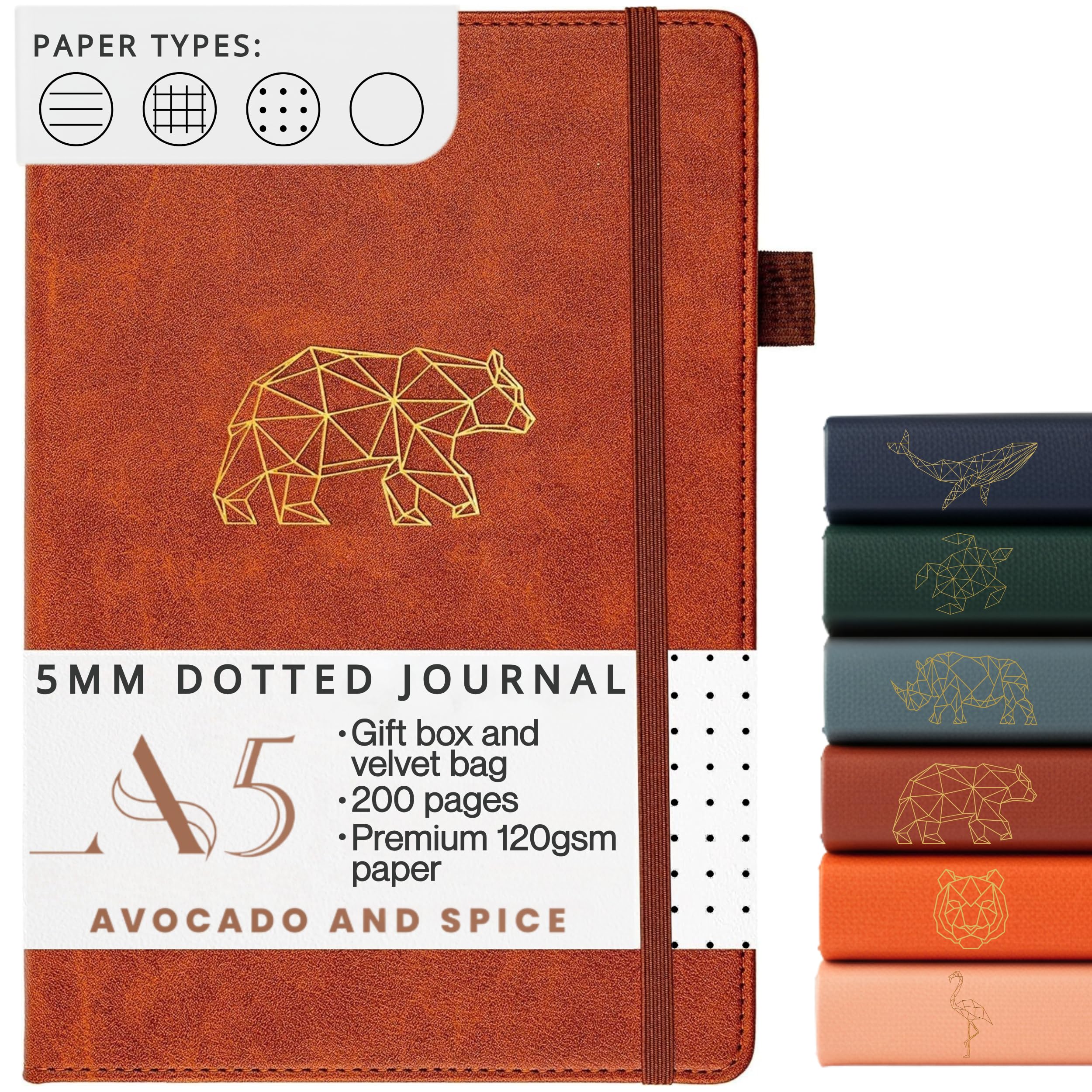 Bullet Planner/Dotted Notebook A5 by Avocado and Spice®, Gift Box & Velvet Bag - Hardback Journal - Mindfulness Journal A5 - Bookmark, Elastic Strap, Pen Holder, 200 pages (Brown, Dotted)
