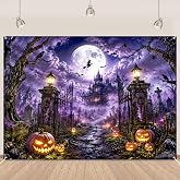 Halloween Backdrop 8×6ft Scary Night Castle Halloween Party Decorations | Horror Cemetery Moon Night Halloween Photo Backdrop For Kids Adult Family Pumpkins Lantern Party Decor 96×72inch Polyester