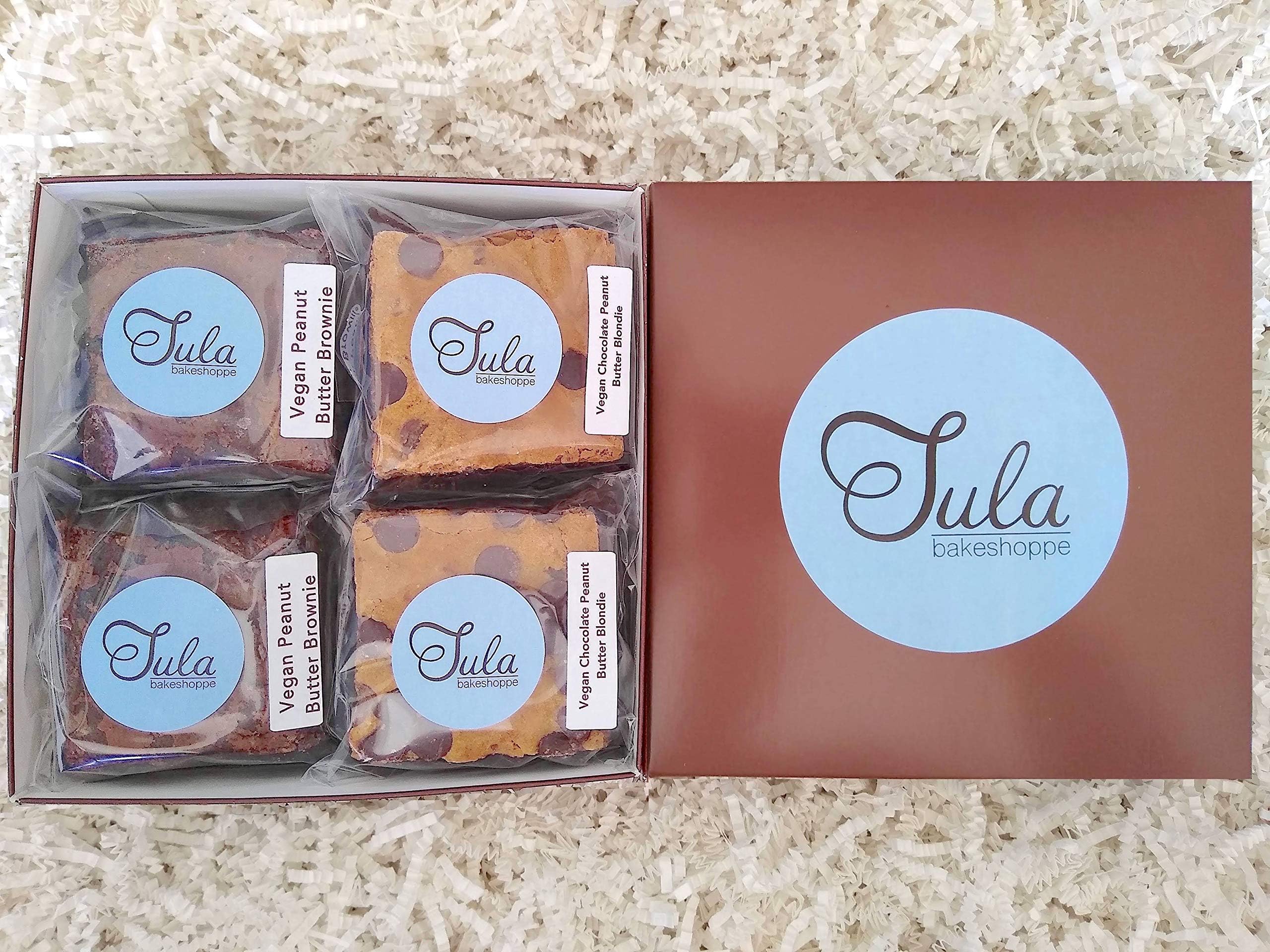 Tula Bakeshoppe Gourmet Vegan Peanut Butter Lovers Brownies and Blondies Gift Box - Chocolate Peanut Butter Blondie and Peanut Butter Brownie (8 bars)