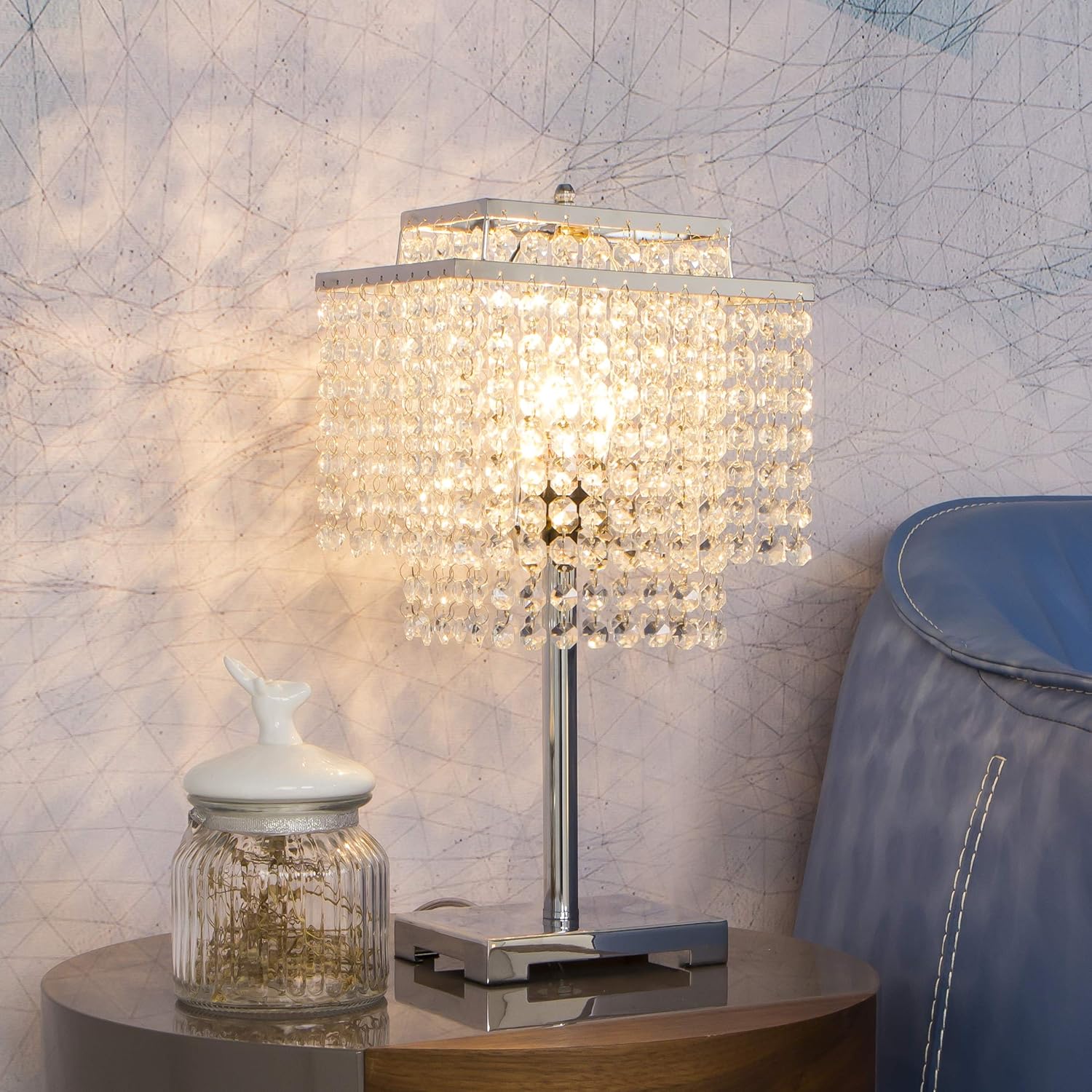 FERWVEW Modern Crystal Table Lamp, Double-Deck Bedside Desk Lamp with Crystal Shade, Decorative Elegant Nightstand Lamp for Bedroom Living Room Study Room, Chrome Finish…