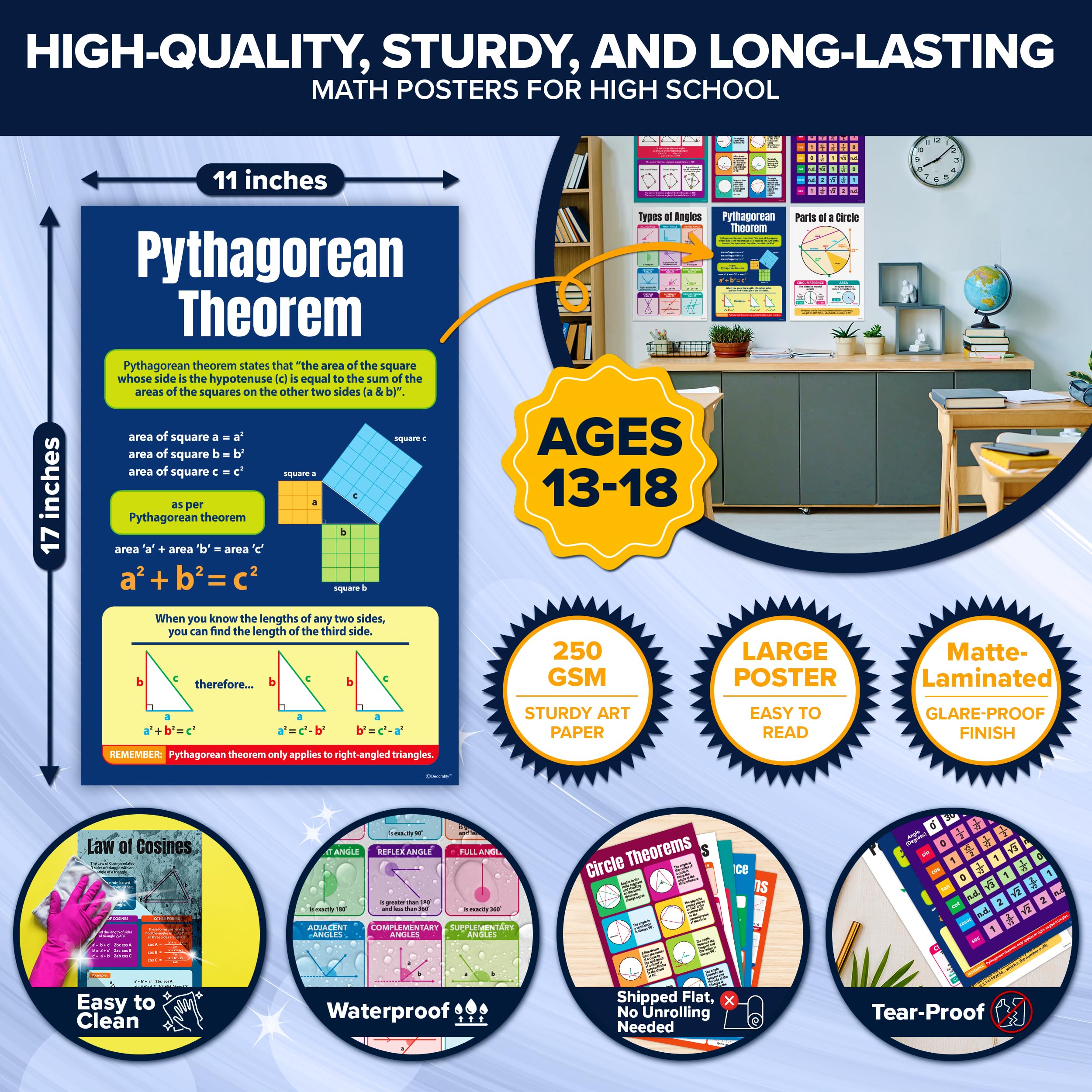 Mua Decorably 16 Math Posters for High School, 11x17in Matte-Laminated ...