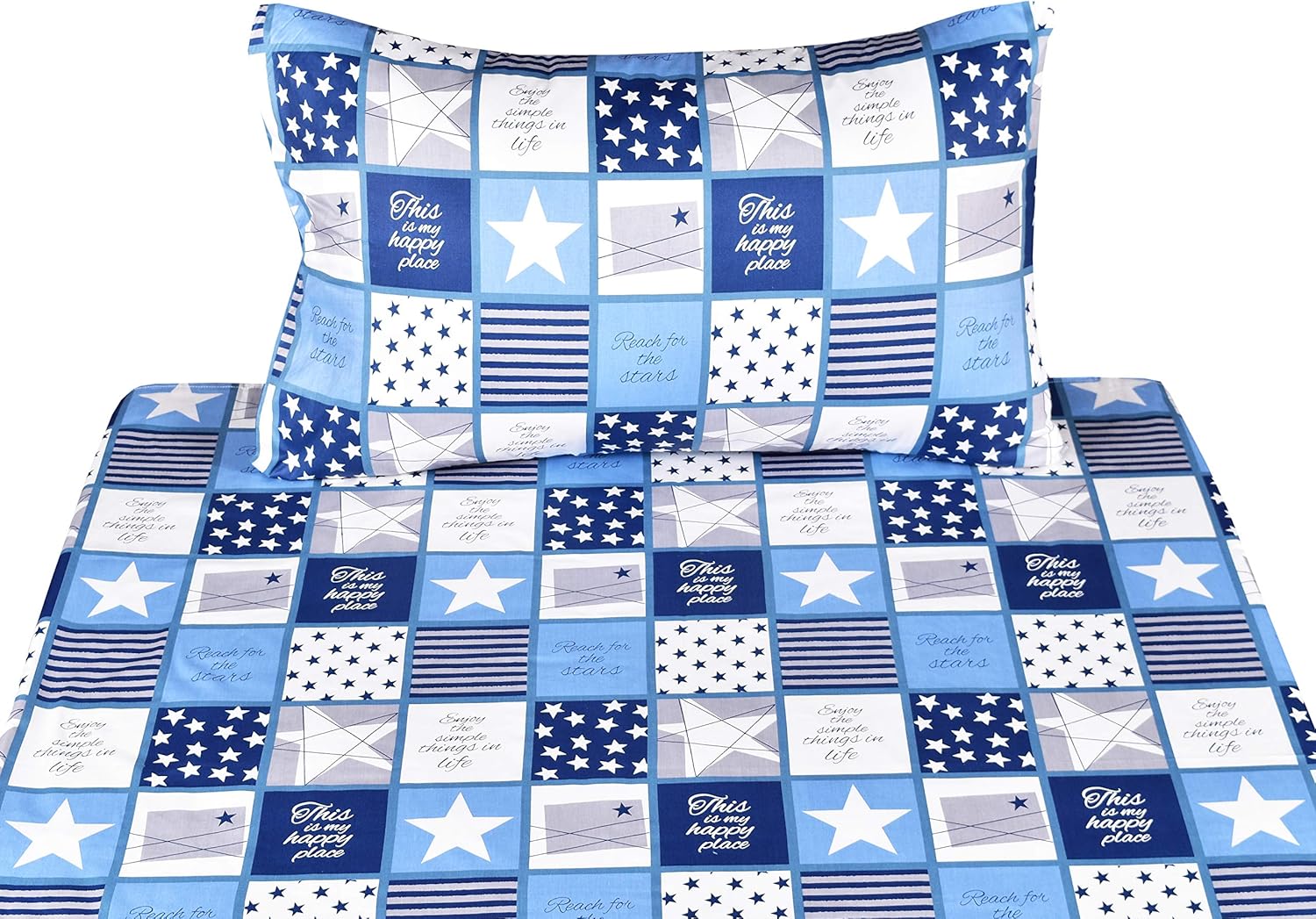 Scientific Sleep Stars Stripe Checks Cotton Cozy Twin Bed Sheet Set, Flat Sheet & Fitted Sheet & Pillowcase Natural Bedding Set (25, Twin)