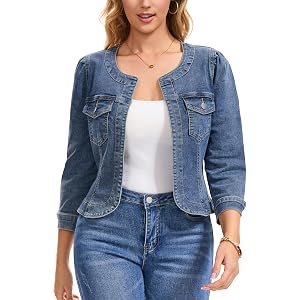 CIMUK Women's Denim Jacket Collarless 2026 Cardigan 3/4 Sleeve Jean Jackets